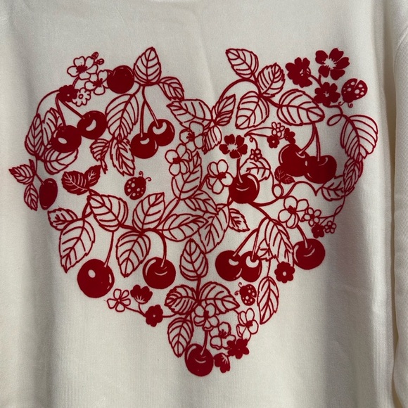 NWT Women’s Cream Pullover Red Velvet Aplique Heart, Cherry, Ladybug, Leaf Small - Picture 10 of 13